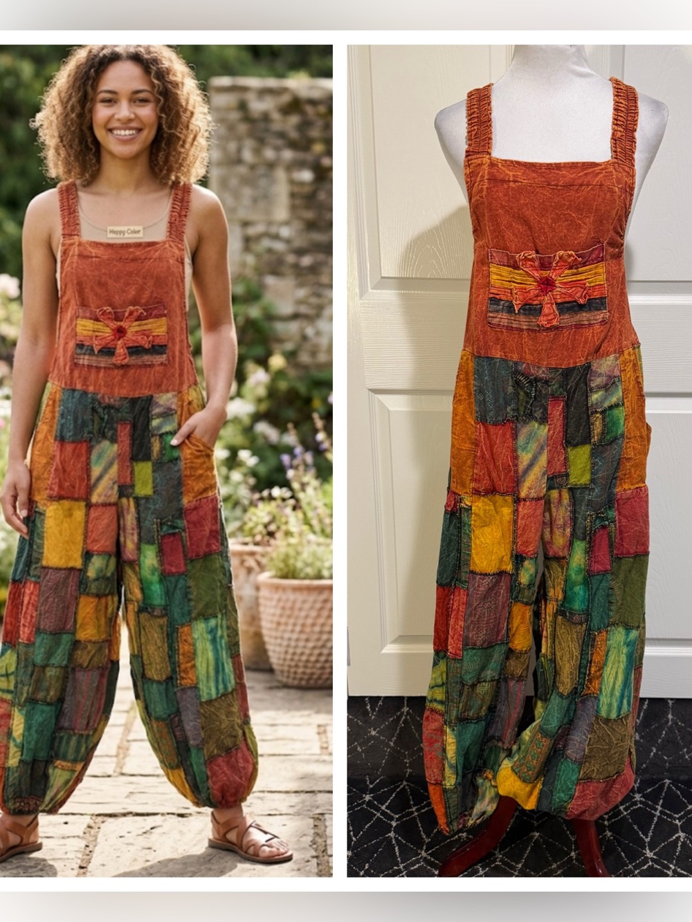 Happy Color Boho Patchwork Overalls Jumpsuit Harem Pants Terracotta Earthy